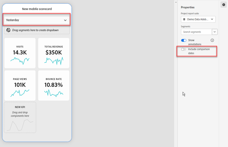 Nuova scorecard per dispositivi mobili che evidenzia Ieri e include le date di confronto