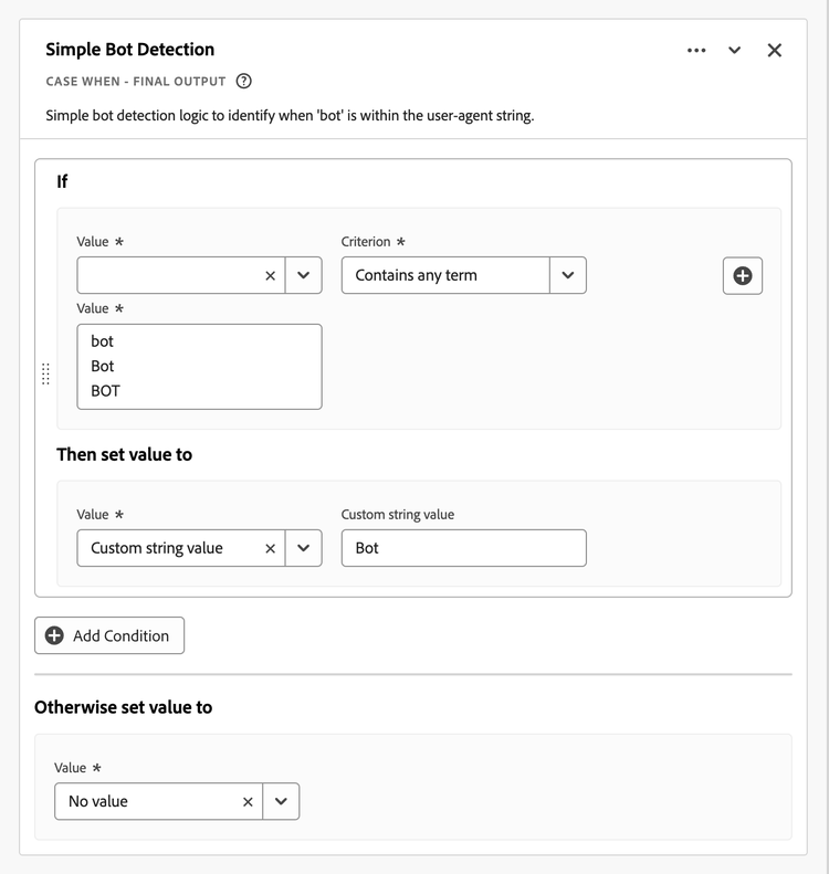 Schermata del generatore di regole di rilevamento bot semplice