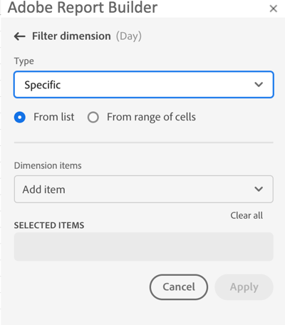 Opzione specifica selezionata nel riquadro Dimensione filtro.