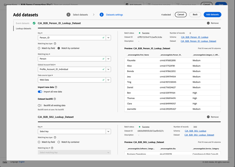 Connessione B2B - Aggiungi set di dati persona