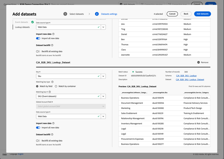 Connessione B2B - Aggiungi set di dati SKU
