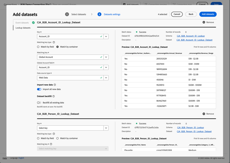 Connessione B2B - Aggiungi set di dati account