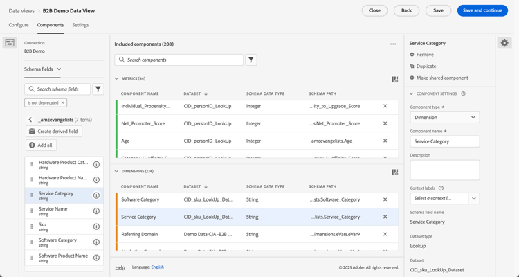 Visualizzazione dati B2B - componenti - dimensioni account