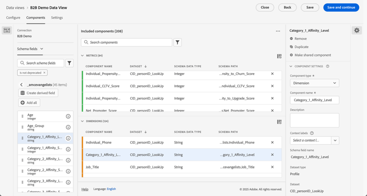 Visualizzazione dati B2B - componenti - dimensioni account