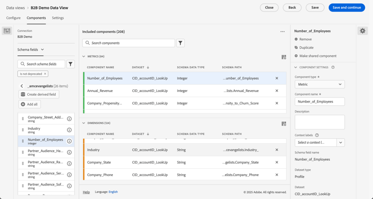 Visualizzazione dati B2B - componenti - metriche account