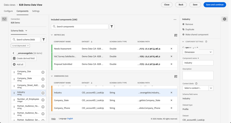 Visualizzazione dati B2B - componenti - dimensioni account