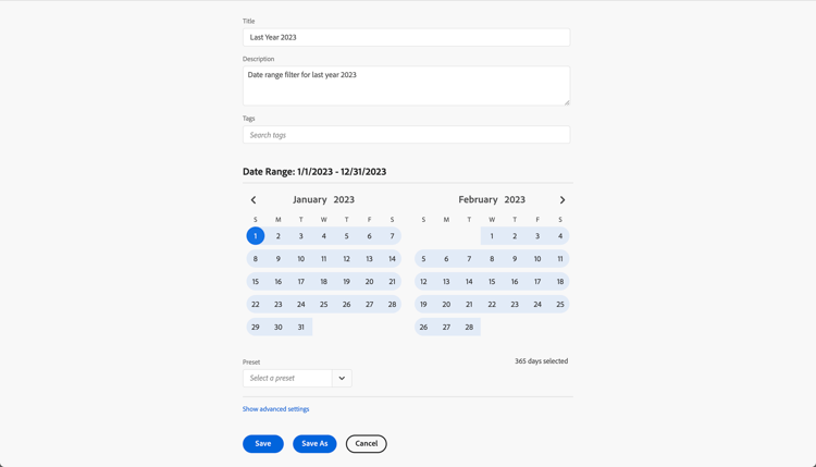 Customer Journey Analytics usa i nomi degli intervalli di date per filtrare