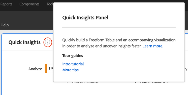 Notifica del pannello Quick Insights visualizzata dopo aver fatto clic sull’icona Aiuto.