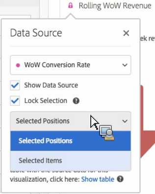 Opzioni delle impostazioni di Data Source con Mostra Data Source e Blocca selezione selezionati.