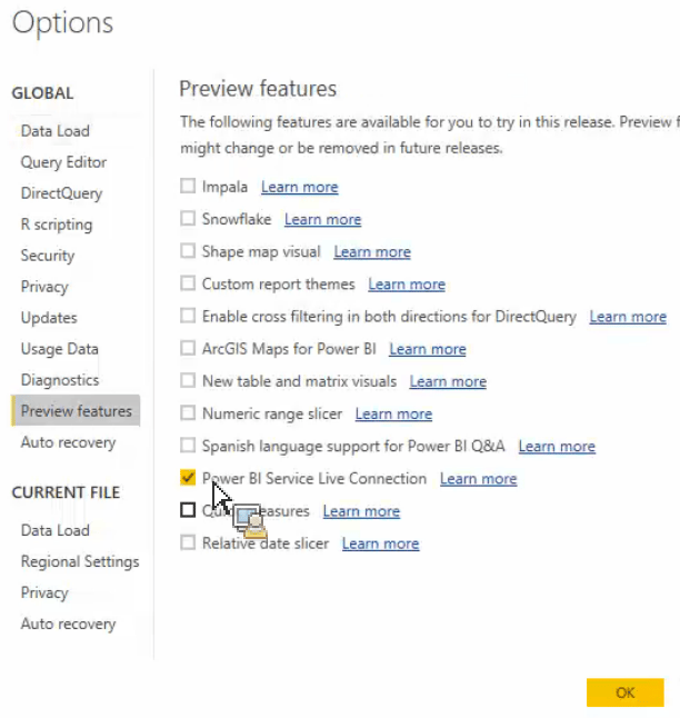 Fai clic su Connessione live al servizio Power BI e quindi su OK.