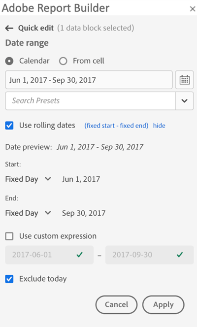 Riquadro di modifica rapida Report Builder con calendario selezionato ed Escludi oggi selezionato.