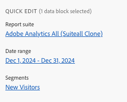 Pannello Quick Edit segment (Modifica rapida segmento) che mostra le opzioni dei segmenti per le suite di rapporti, lintervallo di date e i segmenti.