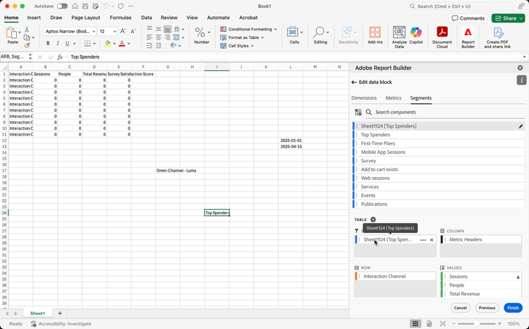 segmenti che mostra il segmento Sheet1!J1(All Data) aggiunto alla tabella.