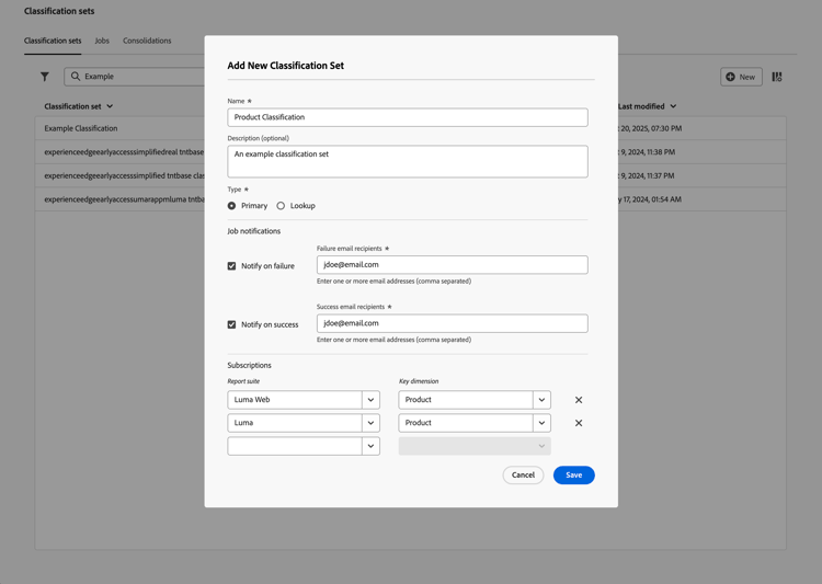 Set di classificazione - Aggiungi nuovo set di classificazione