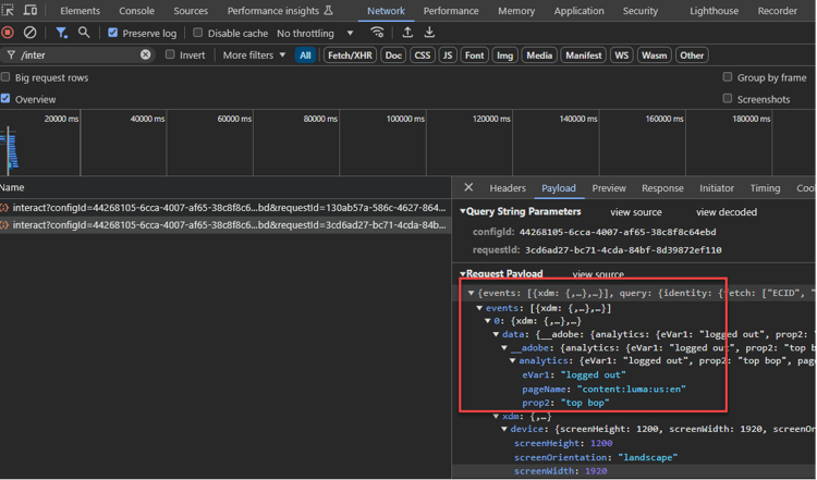 Immagine di una scheda di rete del browser che mostra il nodo di Analytics nel payload.