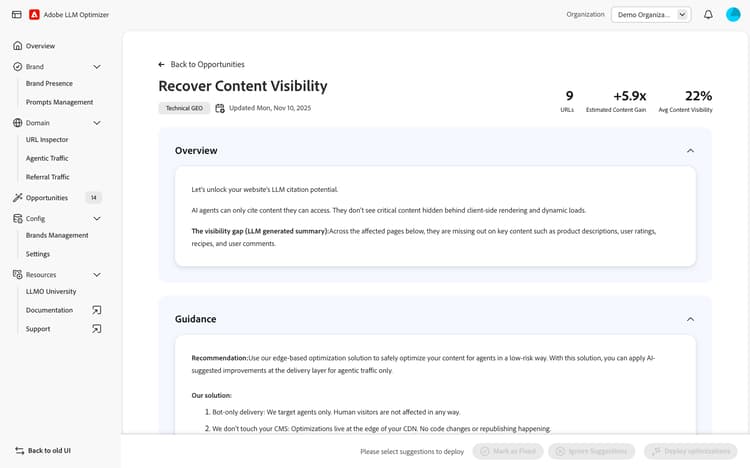 Dashboard Recupera visibilità dei contenuti