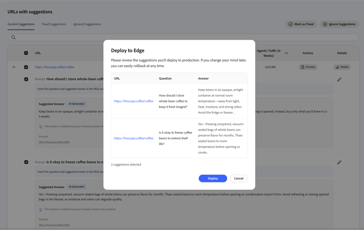 Finestra di dialogo Ottimizza su Edge