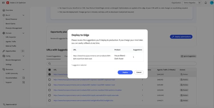 Finestra di dialogo Ottimizza su Edge