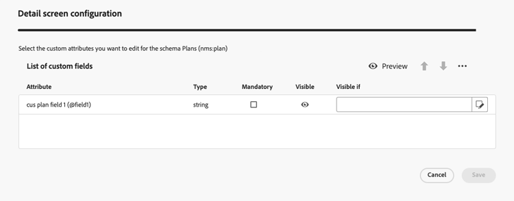 Schermata che mostra la configurazione dei campi personalizzati per un piano