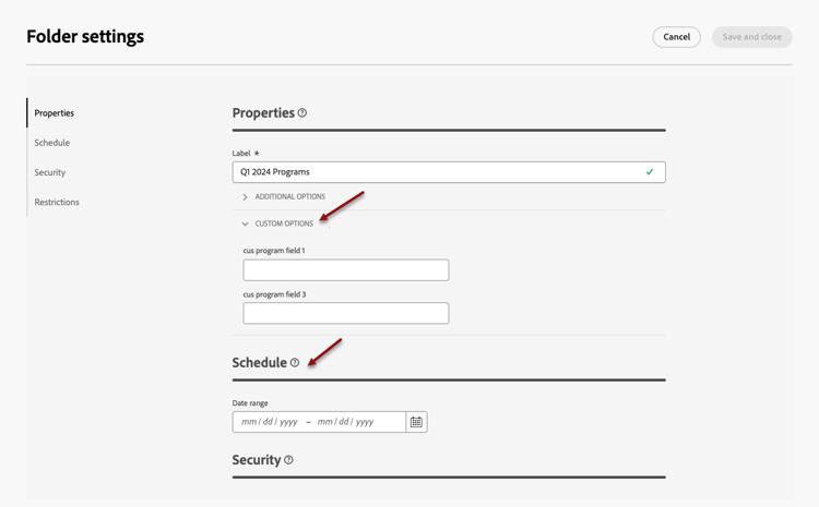 Schermata che mostra le opzioni personalizzate per un programma