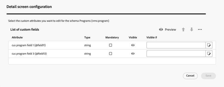 Schermata che mostra la configurazione dei campi personalizzati per un programma