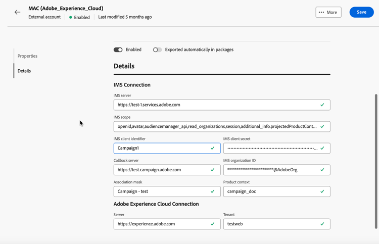 Schermata che mostra i campi di configurazione dellaccount esterno Adobe Experience Cloud MAC.