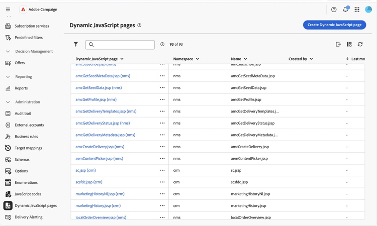 Interfaccia elenco pagine Dynamic JavaScript con le opzioni disponibili
