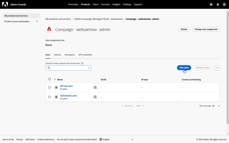 Opzione Aggiungi utenti in Admin Console