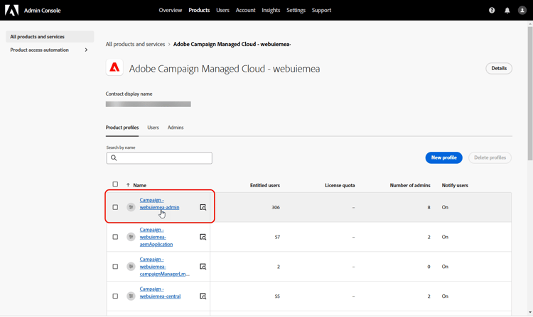 Selezione profilo prodotto in Admin Console