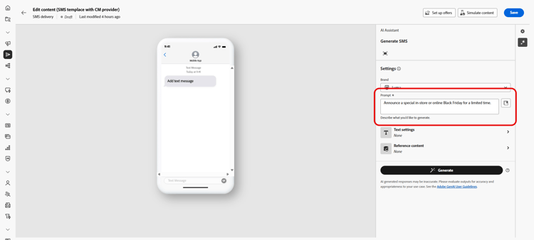 Assistente AI con campo Prompt e opzioni