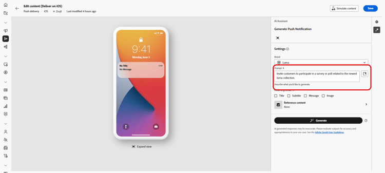 Assistente AI con campo Prompt e opzioni