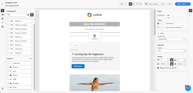 Schermata che mostra come trascinare un componente immagine nel Designer e-mail.