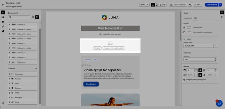 Schermata che mostra l'opzione Sfoglia per i componenti immagine nel Designer e-mail.