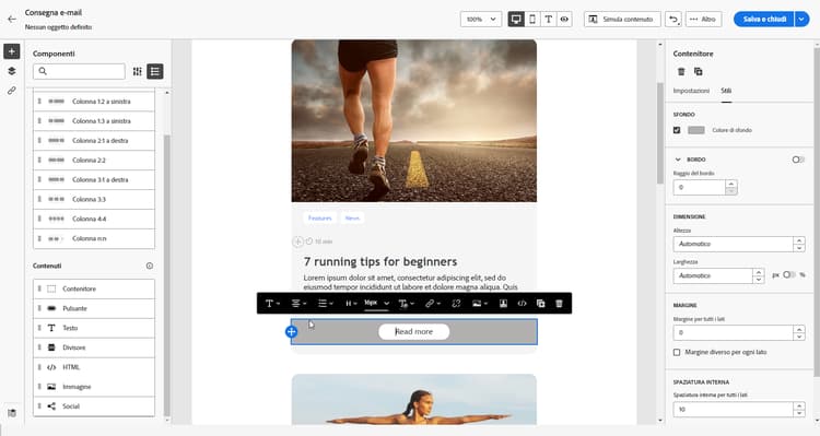 Schermata che mostra come aggiungere un componente contenitore nel Designer e-mail.