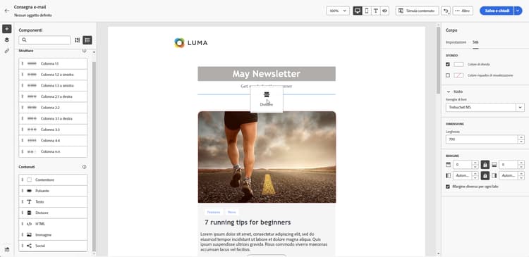 Schermata che mostra come aggiungere un componente divisore nel Designer e-mail.