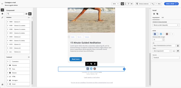 Schermata che mostra la configurazione URL per le icone dei social media nel Designer e-mail.