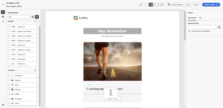 Schermata che mostra come trascinare un componente di testo nel Designer e-mail.