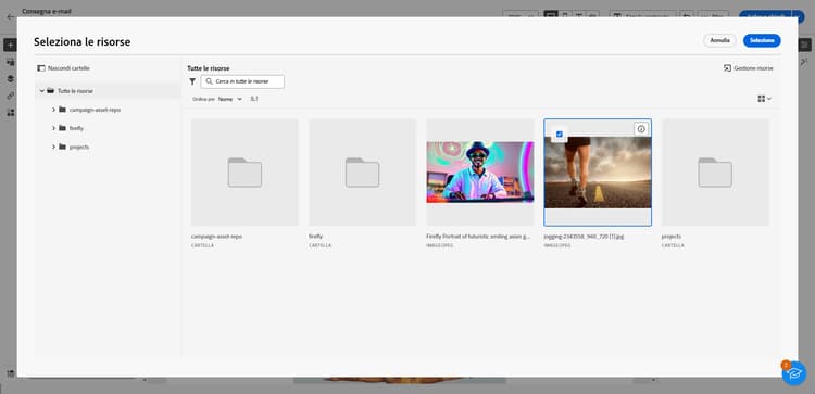 Schermata che mostra il processo di selezione delle risorse nel Designer e-mail.
