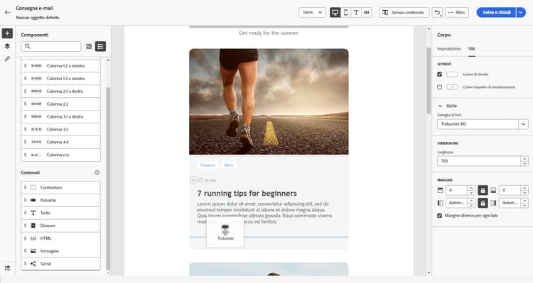 Schermata che mostra come trascinare e rilasciare componenti di contenuto nelle strutture di E-mail Designer.