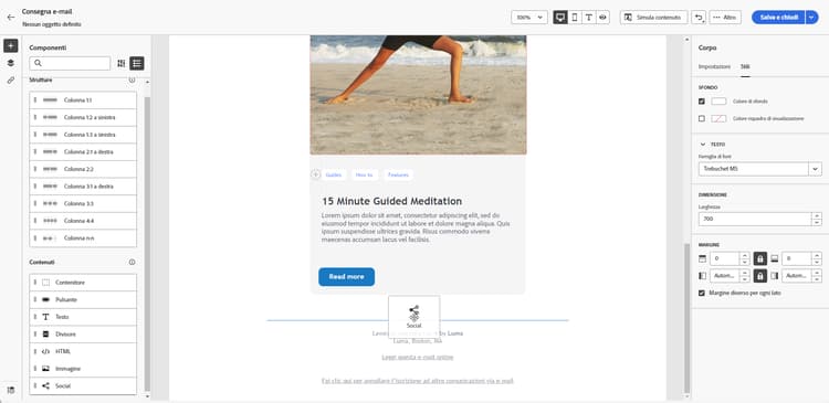 Schermata che mostra la scheda delle impostazioni per i componenti social in E-mail Designer.