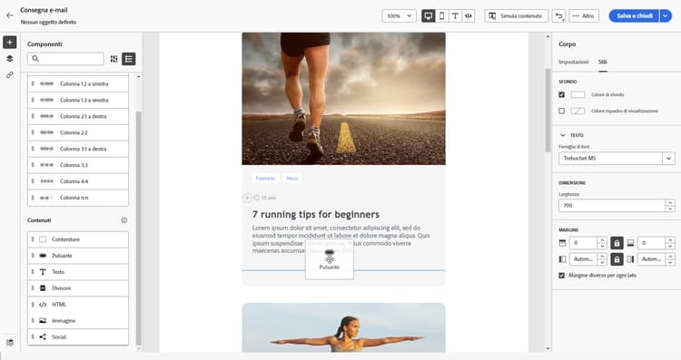 Schermata che mostra come trascinare un componente Pulsante nel Designer e-mail.