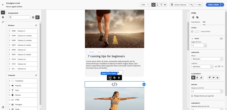 Schermata che mostra l'opzione del codice sorgente per i componenti HTML nel Designer e-mail.