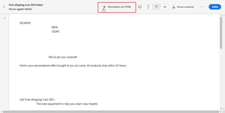Schermata che mostra l'interruttore Sincronizza con HTML nella scheda Testo normale.