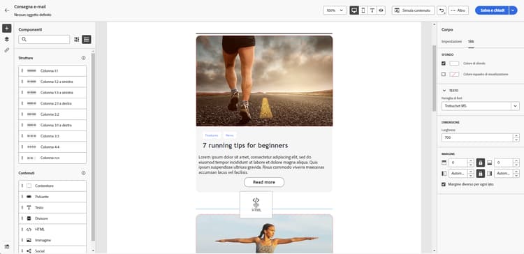 Schermata che mostra come trascinare un componente HTML nel Designer e-mail.
