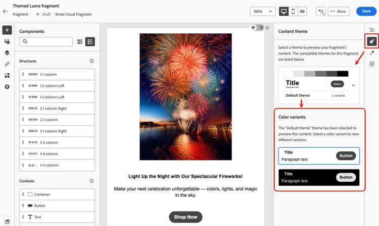 Contenuto del frammento in E-mail Designer con barra Temi che mostra il tema predefinito