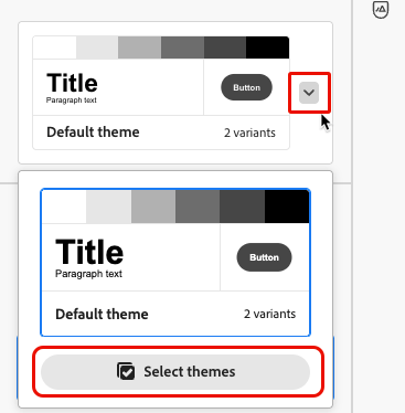 Intestazione tema con freccia e controllo Seleziona temi per anteprima frammento