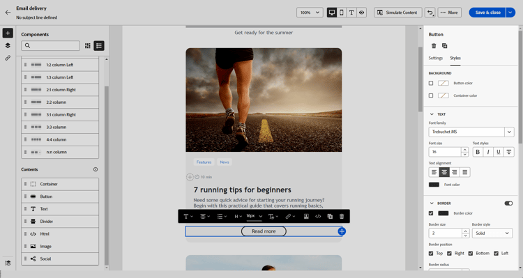 Riquadro impostazioni Designer e-mail con le impostazioni dei componenti di contenuto