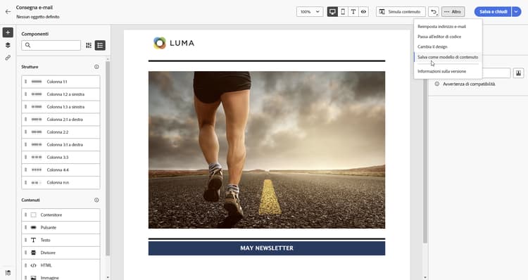Opzione Salva come modello di contenuto in e-mail designer