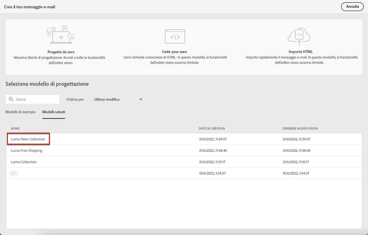 Modello salvato in E-mail Designer