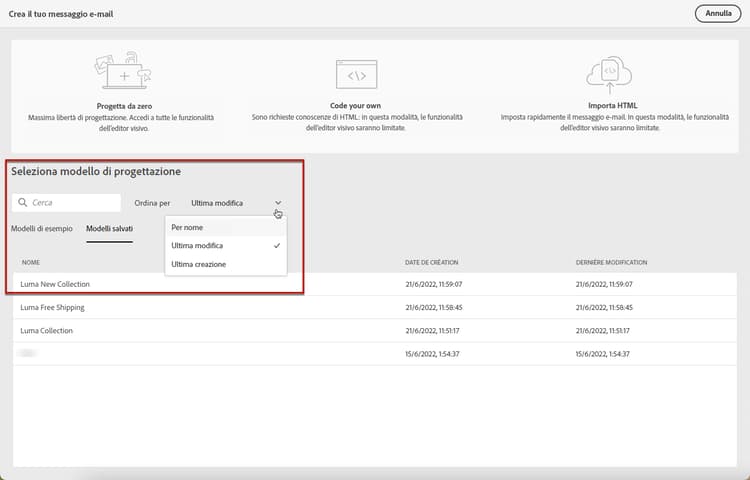 Elenco dei modelli salvati in E-mail Designer